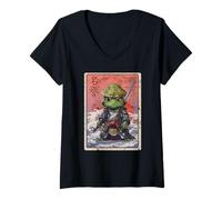 Mujer Gráfico de rana samurái, guerrero divertido arte japonés rana kawaii Camiseta Cuello V
