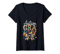 Mujer Gráfico de Rompecabezas con Lazo de Leopardo Retro de los Grammy para concientizar sobre el Autismo Camiseta Cuello V