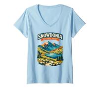 Mujer Gráfico de Senderismo Snowdonia Wales Mountain Lake Camiseta Cuello V