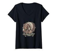 Mujer Gráfico de tradición y Honor del Jefe Guerrero Nativo Americano Camiseta Cuello V