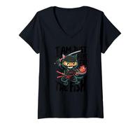 Mujer Gráfico Divertido de Artes Marciales Ninja Cat Just Here For The Fish Camiseta Cuello V