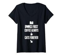 Mujer Gráfico Divertido de Books First Coffee Always Cats Forever Camiseta Cuello V