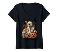 Mujer Gráfico Divertido de Cuervo Esqueleto con Texto en inglés Just Waiting Camiseta Cuello V