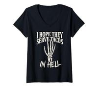 Mujer Gráfico Divertido de Mano de Esqueleto con Texto en inglés I Hope They Serve Tacos In Hell Camiseta Cuello V