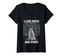 Mujer Gráfico Divertido de matemáticas de Perro I Love Math and Pugs Camiseta Cuello V