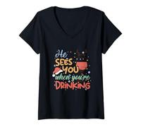 Mujer Gráfico Divertido de Vino navideño con Texto en inglés He Sees You When Youre Camiseta Cuello V