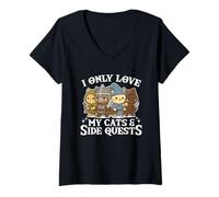 Mujer Gráfico Divertido para Jugadores con Texto en inglés I Only Love My Cats and Side Quests Camiseta Cuello V