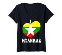 Mujer Gráfico en forma de corazón con la bandera del orgullo birmano «I Love Myanmar Proud to Be» Camiseta Cuello V