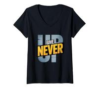 Mujer Gráfico en Negrita con tipografía Motivacional de Give Up Never. Camiseta Cuello V