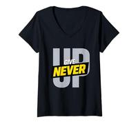 Mujer Gráfico en Negrita con tipografía Motivacional de Give Up Never. Camiseta Cuello V