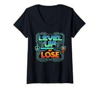 Mujer Gráfico estético Retro Pixel Level Up or Lose Gamer Camiseta Cuello V