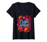 Mujer Gráfico Floral con Texto Italiano Ciao Bella Camiseta Cuello V