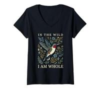 Mujer Gráfico Floral Retro de colibrí con Texto «In The Wild I Am Whole» Camiseta Cuello V