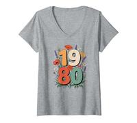 Mujer Gráfico Floral Vintage: ilustración del año Retro de 1980 Camiseta Cuello V