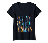 Mujer Gráfico Futurista Urbano Neo-Cyberpunk Arte Noche A Camiseta Cuello V