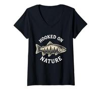 Mujer Gráfico Hooked on Nature Love Fishing Outdoor Wilderness Camiseta Cuello V