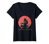 Mujer Gráfico Lobo Guerrero Puesta de Sol japonés Ukiyo-e Arte Camiseta Cuello V