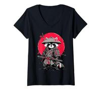Mujer Gráfico Mapache Guerrero japonés Puesta de Sol Ukiyo-e Arte Camiseta Cuello V