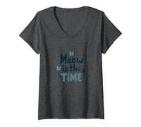 Mujer Gráfico Meow is The Time Cat Lover Camiseta Cuello V, Jaspeado Oscuro, S