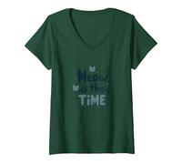 Mujer Gráfico Meow is The Time Cat Lover Camiseta Cuello V, Verde Bosque, S