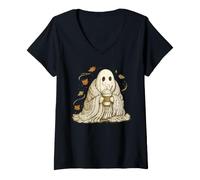 Mujer Gráfico otoñal Vintage y Acogedor de Ghost Pumpkin Spice Latte Camiseta Cuello V