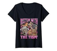 Mujer Gráfico pirateado de memes de Rizz Em con el divertido gato de los años 90 Camiseta Cuello V