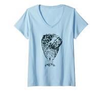 Mujer Gráfico Retro de Arte Popular Bohemio con Forma de búho Curioso con Cabeza Inclinada Camiseta Cuello V