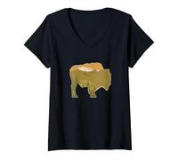 Mujer Gráfico Retro de bisontes con diseño Retro de búfalos y pinares Camiseta Cuello V