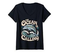 Mujer Gráfico The Ocean Is Calling Dolphin para Amantes del mar Camiseta Cuello V