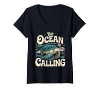 Mujer Gráfico The Ocean is Calling Sea Turtle Adventure Camiseta Cuello V