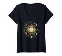 Mujer Gráfico Vintage de Celestial Sun Mandala Moon Phase Camiseta Cuello V