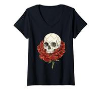Mujer Gráfico WABI Sabi con Forma de Calavera de Kintsugi, Rosa roja, gótica y resiliente Camiseta Cuello V