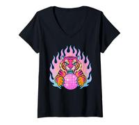 Mujer Gráfico Y2K Tiger sosteniendo una Esfera de Discoteca Rosa Camiseta Cuello V