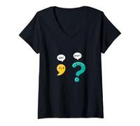 Mujer Gramática Espera ¿Qué? Coma Signo de interrogación Puntuación Kawaii Camiseta Cuello V