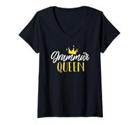 Mujer gramática Queen Divertido Profesor Escuela amigable Camiseta Cuello V