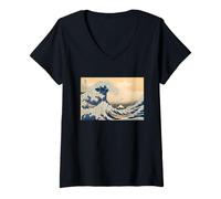 Mujer Gran Gatito Wave Gatitos Gran Ola Camiseta Cuello V