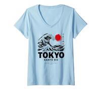 Mujer Gran Ola Arte Japonés Tokio Kanto Japón Ola Retro Camiseta Cuello V
