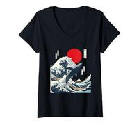 Mujer Gran Ola Kanagawa Ballena observando Arte japonés Camiseta Cuello V