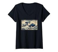 Mujer Gran Ola Ukiyo-e japonés Tradicional Dinosaurio t-Rex Camiseta Cuello V