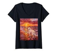 Mujer Gran Perro de los Pirineos en una Puesta de Sol Obra de Arte de Verano Camiseta Cuello V