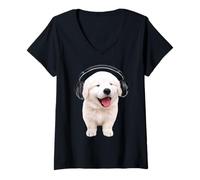 Mujer Gran Pirineo Con Auriculares Cantando Perro Amante Camiseta Cuello V