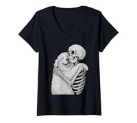 Mujer Gran Pirineo Esqueleto Abrazo Halloween Amante de Perros Camiseta Cuello V