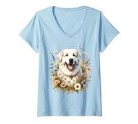 Mujer Gran Pirineo Perro Verano Flores Silvestres Obra de Camiseta Cuello V