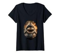 Mujer Gran tiburón Blanco Fauna Arte majestuoso océano depredador Camiseta Cuello V