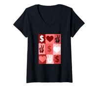 Mujer Granate Rojo Borgoña Color Peace Love Money Grid Burdeos Camiseta Cuello V