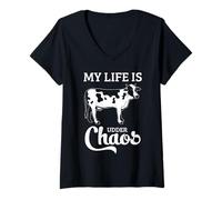 Mujer Granjero Vaca Humor Rancho lácteos Caos Divertido Dicho Arte Camiseta Cuello V