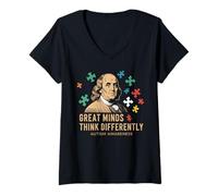Mujer Great Minds Think Differently - Benjamin Franklin Autism Camiseta Cuello V