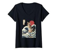 Mujer Great Wave Cat Arte Japonés Ukiyo-e Ocean Feline Design Camiseta Cuello V