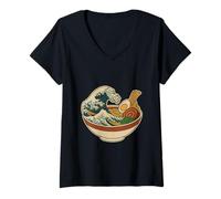 Mujer Great Wave Kanagawa Ramen Hokusai Chashu Noodles Japón Camiseta Cuello V