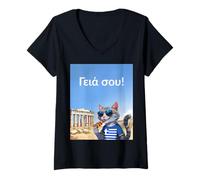 Mujer Grecia para niños Hola en Griego Cat Acrópolis Atenas Camiseta Cuello V